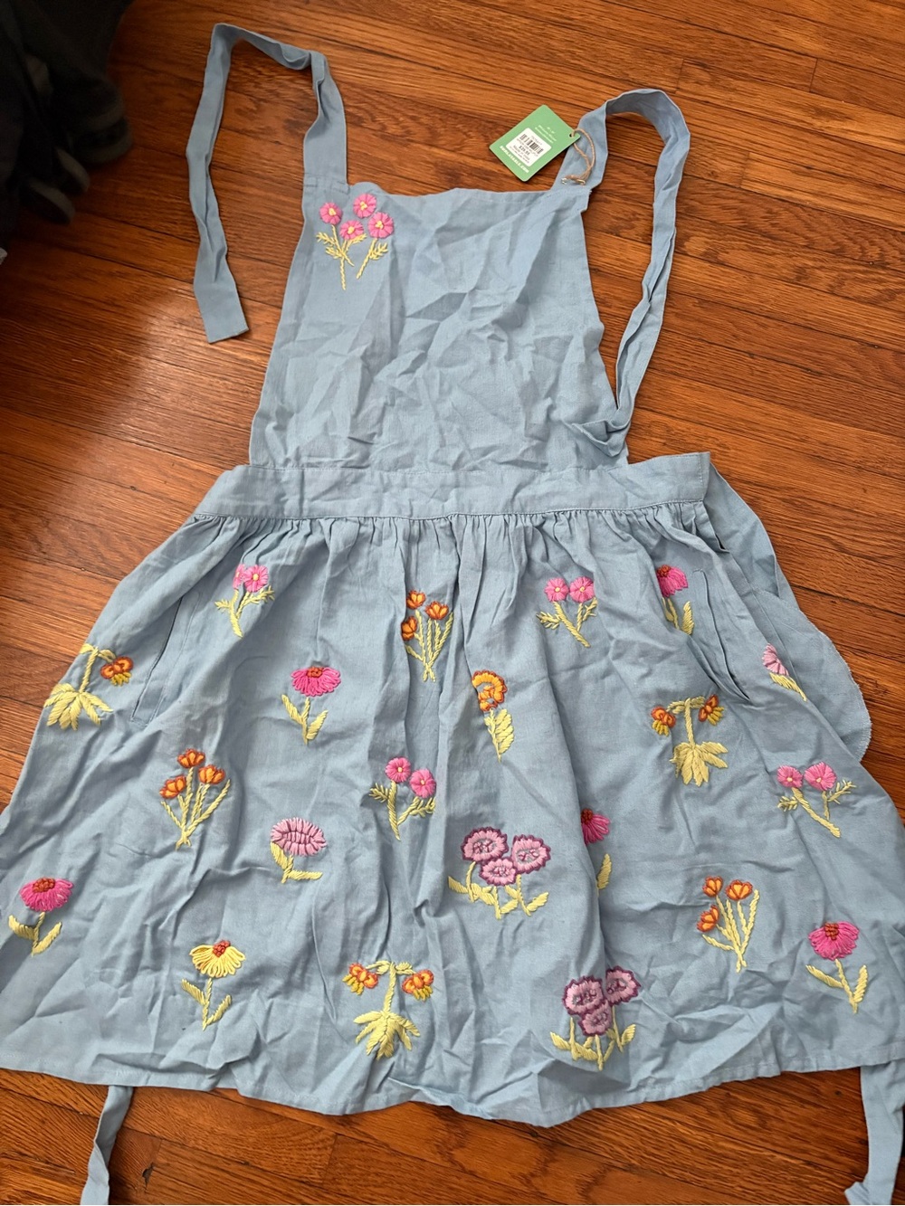 Light Blue Floral Embroidered Pinafore Apron Dress